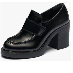 Maiyang Black Chunky Mid Heel Platform Loafers Round Toe Slip on Party Pump